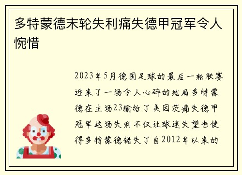多特蒙德末轮失利痛失德甲冠军令人惋惜