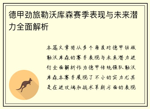 德甲劲旅勒沃库森赛季表现与未来潜力全面解析